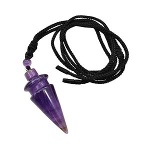 Purple Amethyst Pendulum Necklace Black Nylon Rope, approx 18-45mm