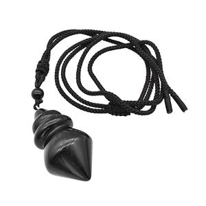 Black Obsidian Dowsing Pendulum Necklace Black Nylon Rope, approx 25-40mm