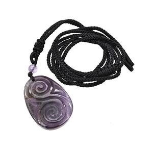 Natural Purple Amethyst Spiral Necklace Flat Teardrop Black Nylon Rope, approx 25-35mm