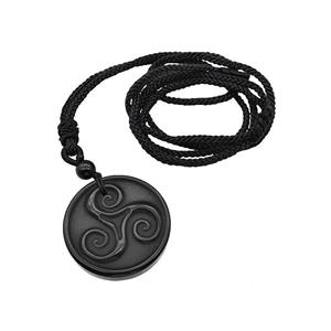 Natural Black Obsidian Triskelion Necklace Circle Black Nylon Rope, approx 32mm