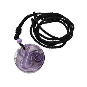 Natural Purple Amethyst Triskelion Necklace Circle Black Nylon Rope, approx 32mm