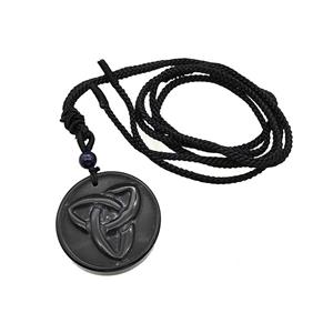 Natural Black Obsidian Trinity Necklace Circle Black Nylon Rope, approx 32mm