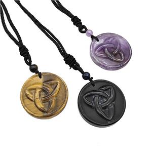 Natural Gemstone Trinity Necklace Circle Black Nylon Rope Cord Mixed, approx 32mm