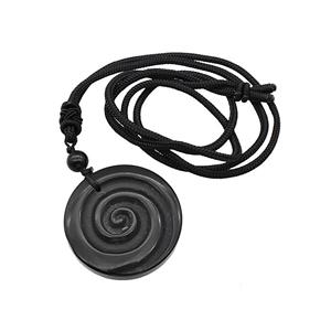 Natural Black Obsidian Spiral Necklace Circle Black Nylon Rope, approx 32mm