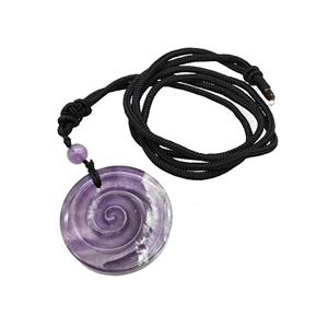 Natural Purple Amethyst Spiral Necklace Circle Black Nylon Rope, approx 32mm