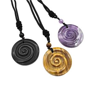 Natural Gemstone Spiral Necklace Circle Black Nylon Rope Cord Mixed, approx 32mm