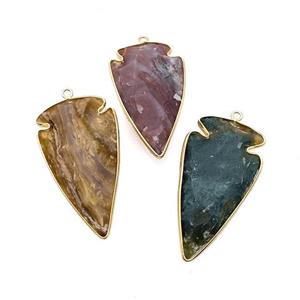 Natural Rock Agate Arrowhead Pendant Gold Plated Mixed Color, approx 35-60mm