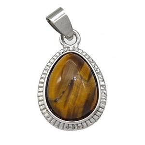 Natural Tiger Eye Stone Teardrop Pendant Platinum Plated, approx 15-19mm