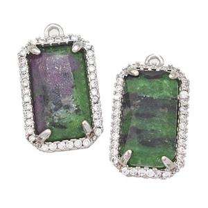 Natural Zoisite Ruby Rectangle Pendant Copper Pave Zircon Platinum Plated, approx 12-18mm