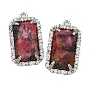 Red Rhodonite Rectangle Pendant Copper Pave Zircon Platinum Plated, approx 12-18mm