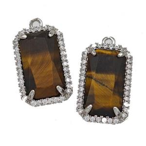 Natural Tiger Eye Stone Rectangle Pendant Copper Pave Zircon Platinum Plated, approx 12-18mm