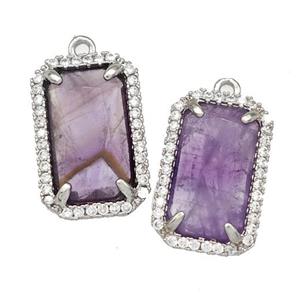 Natural Purple Amethyst Rectangle Pendant Copper Pave Zircon Platinum Plated, approx 12-18mm