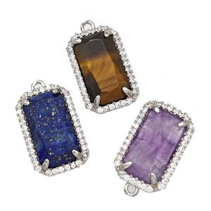 Natural Gemstone Rectangle Pendant Copper Pave Zircon Platinum Plated Mixed, approx 12-18mm