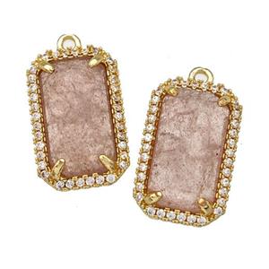 Pink Strawberry Quartz Rectangle Pendant Copper Pave Zircon Gold Plated, approx 12-18mm