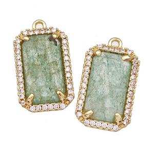Green Strawberry Quartz Rectangle Pendant Copper Pave Zircon Gold Plated, approx 12-18mm