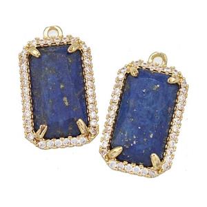 Natural Lapis Lazuli Rectangle Pendant Copper Pave Zircon Gold Plated, approx 12-18mm