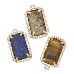 Natural Gemstone Rectangle Pendant Copper Pave Zircon Gold Plated Mixed, approx 12-18mm