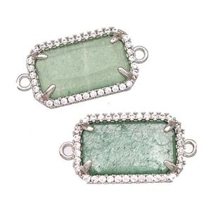 Green Strawberry Quartz Rectangle Connector Copper Pave Zircon Platinum Plated, approx 12-18mm