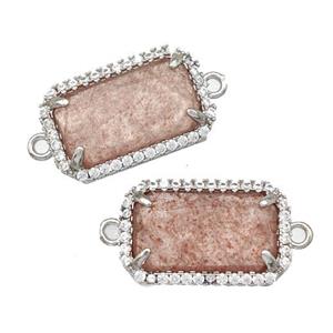Pink Strawberry Quartz Rectangle Connector Copper Pave Zircon Platinum Plated, approx 12-18mm