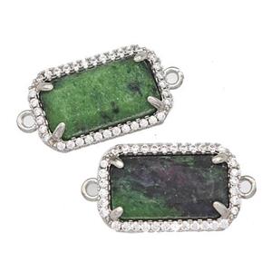 Natural Zoisite Ruby Rectangle Connector Copper Pave Zircon Platinum Plated, approx 12-18mm