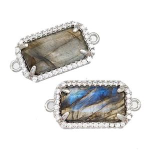 Natural Labradorite Rectangle Connector Copper Pave Zircon Platinum Plated, approx 12-18mm
