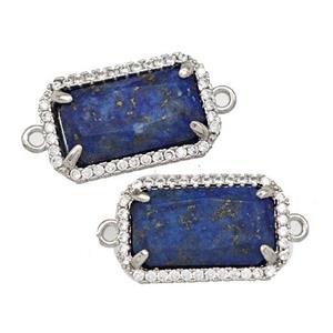 Natural Lapis Lazuli Rectangle Connector Copper Pave Zircon Platinum Plated, approx 12-18mm