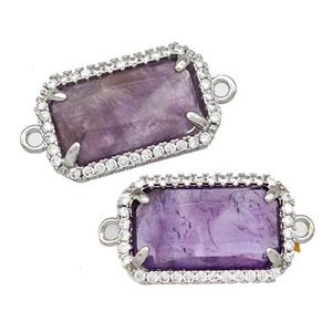 Natural Purple Amethyst Rectangle Connector Copper Pave Zircon Platinum Plated, approx 12-18mm