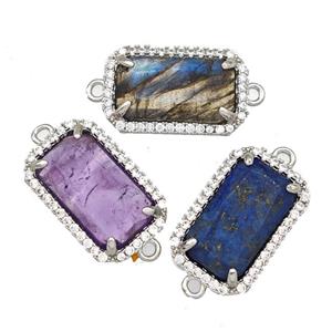 Natural Gemstone Rectangle Connector Copper Pave Zircon Platinum Plated Mixed, approx 12-18mm