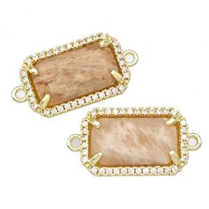 Natural Peach Sunstone Rectangle Connector Copper Pave Zircon Gold Plated, approx 12-18mm