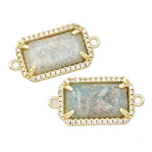 Green Amazonite Rectangle Connector Copper Pave Zircon Gold Plated, approx 12-18mm