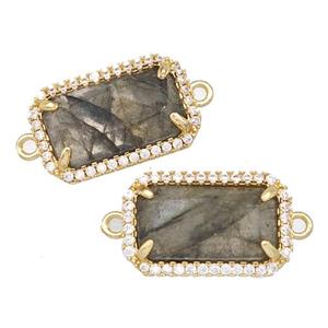 Natural Labradorite Rectangle Connector Copper Pave Zircon Gold Plated, approx 12-18mm
