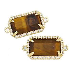 Natural Tiger Eye Stone Rectangle Connector Copper Pave Zircon Gold Plated, approx 12-18mm