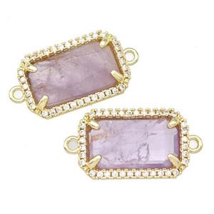 Natural Purple Amethyst Rectangle Connector Copper Pave Zircon Gold Plated, approx 12-18mm