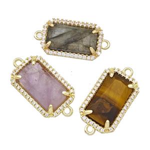 Natural Gemstone Rectangle Connector Copper Pave Zircon Gold Plated Mixed, approx 12-18mm