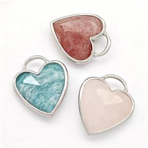 Natural Gemstone Heart Pendant Faceted Platinum Plated Mixed, approx 20mm