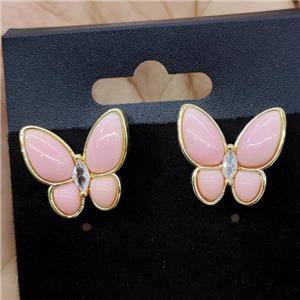 Natural Pink Queen Shell Butterfly Stud Earrings Gold Plated, approx 15-17mm