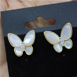 Natural White MOP Shell Butterfly Stud Earrings Gold Plated, approx 15-17mm