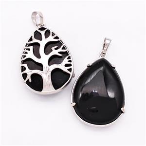Natural Black Onyx Agate Teardrop Pendant Tree Platinum Plated, approx 25-33mm