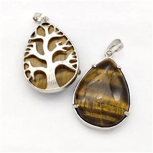 Natural Tiger Eye Stone Teardrop Pendant Tree Platinum Plated, approx 25-33mm