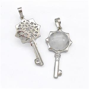 Alloy Key Charms Pendant Pave Clear Quartz Platinum Plated, approx 16mm, 20-40mm
