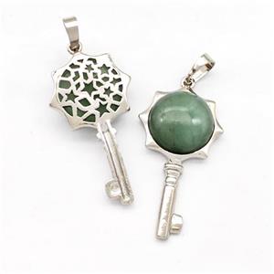 Alloy Key Charms Pendant Pave Green Aventurine Platinum Plated, approx 16mm, 20-40mm
