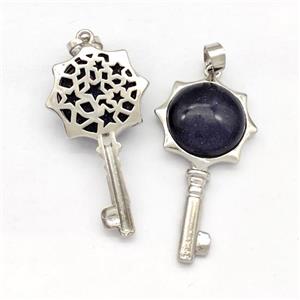 Alloy Key Charms Pendant Pave Blue Sandstone Platinum Plated, approx 16mm, 20-40mm
