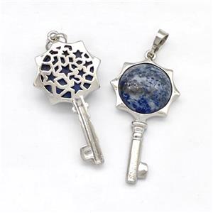 Alloy Key Charms Pendant Pave Blue Lapis Platinum Plated, approx 16mm, 20-40mm