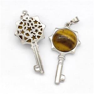 Alloy Key Charms Pendant Pave Tiger Eye Stone Platinum Plated, approx 16mm, 20-40mm