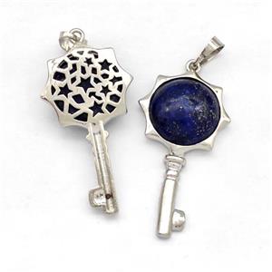 Alloy Key Charms Pendant Pave Blue Lapis Platinum Plated, approx 16mm, 20-40mm