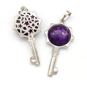 Alloy Key Charms Pendant Pave Purple Amethyst Platinum Plated, approx 16mm, 20-40mm