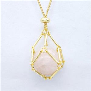 Natural Pink Rose Quartz Necklace Gold Plated, approx 18mm
