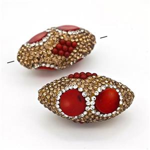 Clay Rice Beads Pave Yellow Rhinestone Red Coral, approx 18-35mm
