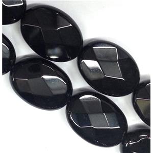 black onyx bead, faceted flat oval, approx 15x20mm