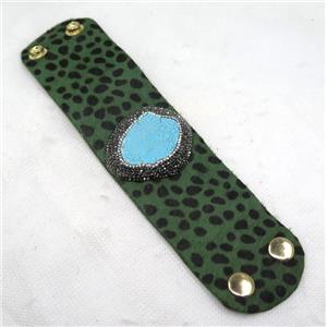 PU Bracelet paved rhinestone, blue turquoise, approx 50mm wide, 17cm length